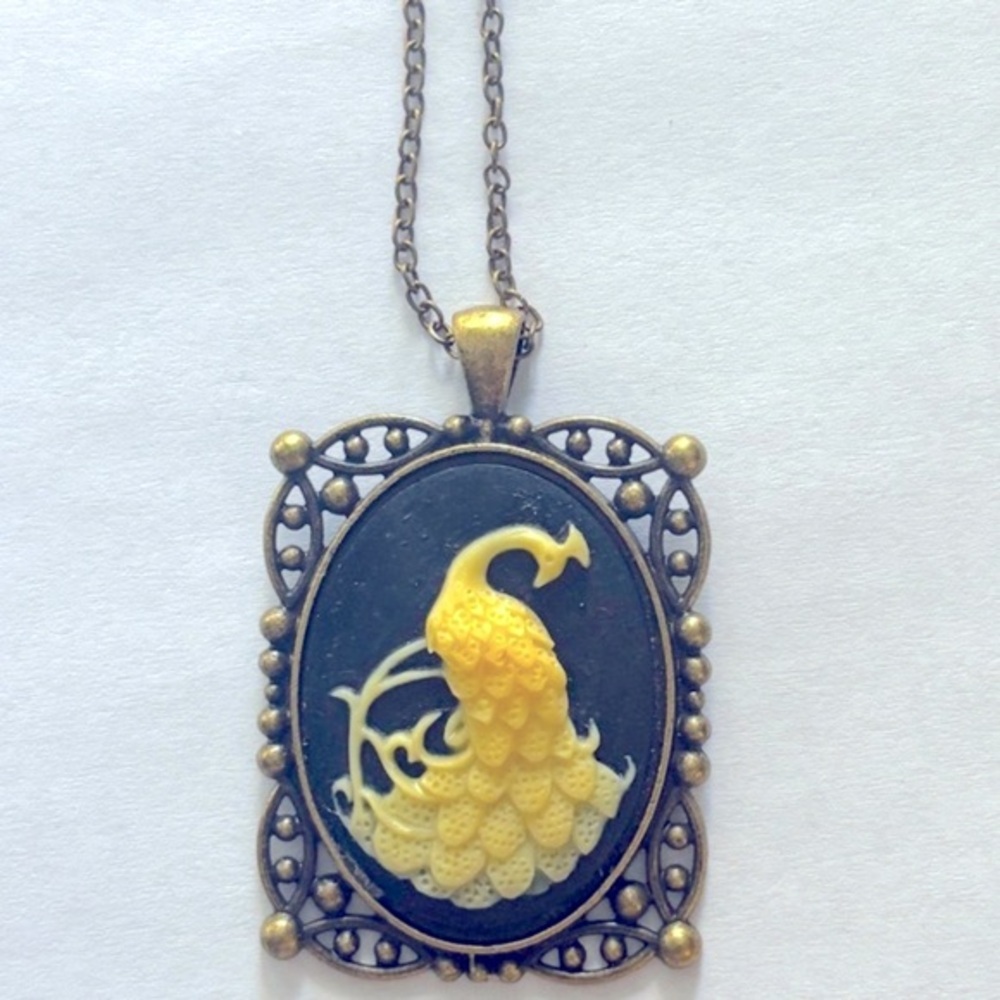 Black and Yellow Peacock Cameo Victorian Style Necklace, NWT, Handmade